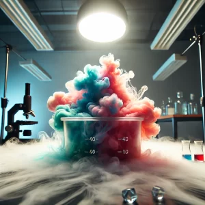 ЭвриПати - everyparty.by dall·e 2025 03 03 11.17.35 a scientific experiment with a container of dry ice and water where the colorful smoke spreads horizontally instead of rising. the container is placed