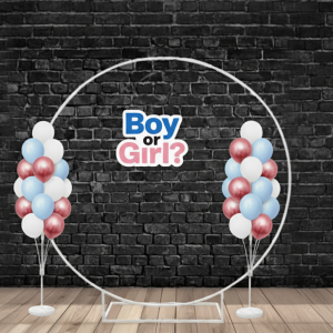 Аренда фотозоны для Gender Party с большой надписью Boy or Girl и двумя стойками шаров