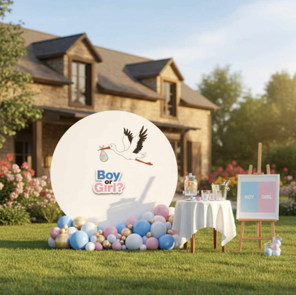 Фотозона для Gender Party c белым фоном, буквами и мини-баннером аист и воздушными шариками (с доставкой и установкой по Минску)